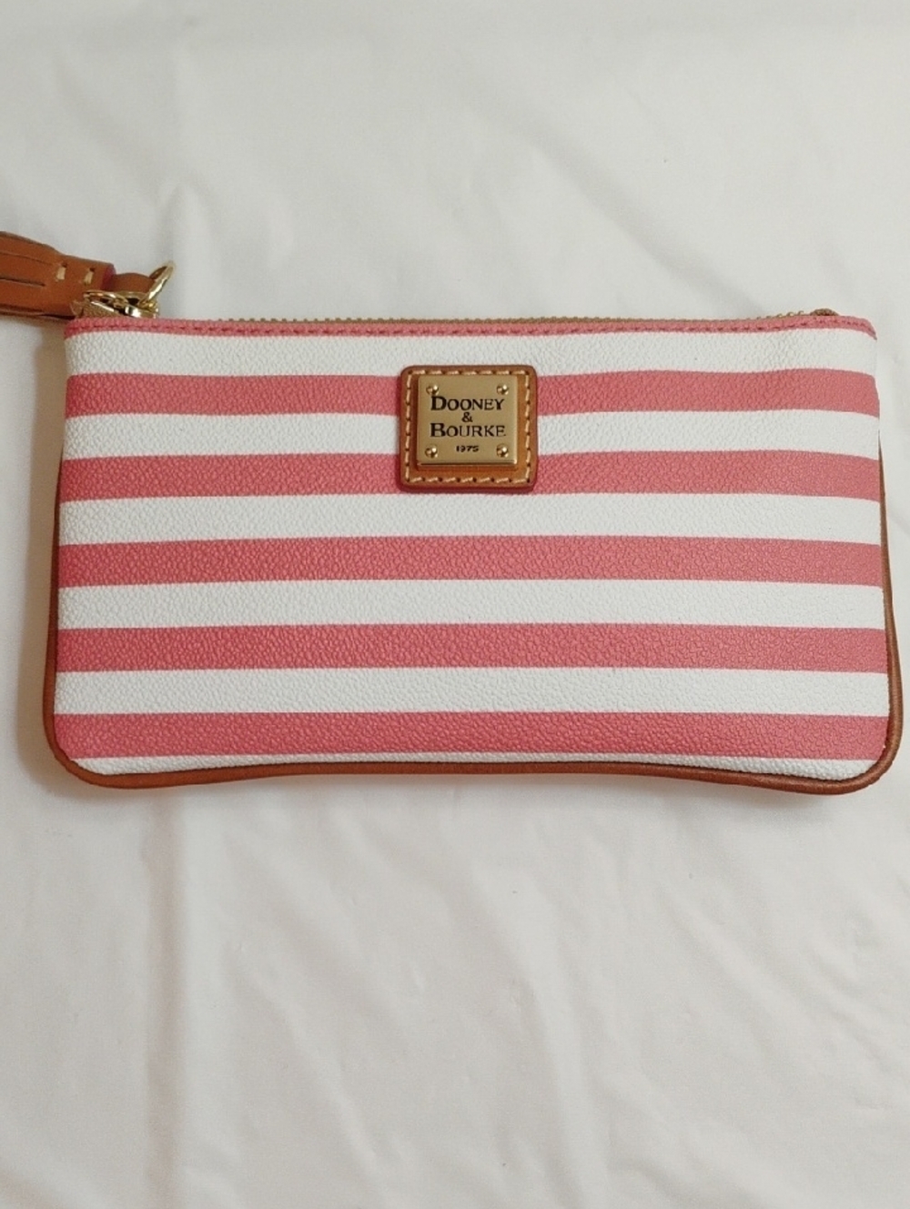 Dooney & Bourke Pink and White Striped Wristlet with Tan Tassel - Picture 2 of 4